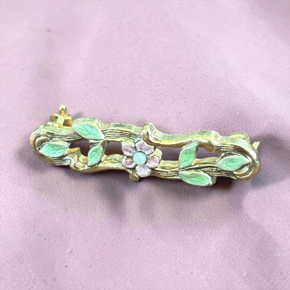 Romantic Art Nouveau Flower Brooch 1928 Jewelry Mint Green Pink Enamel